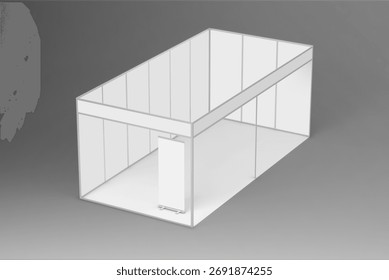 Realistic 3D visualization of a modular trade show booth with one blank roll-up banner and open front view. Perfect for brand identity, advertising, or event space layout. 3D Render. 3D Illustration.