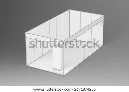 Realistic 3D visualization of a modular trade show booth with one blank roll-up banner and open front view. Perfect for brand identity, advertising, or event space layout. 3D Render. 3D Illustration.