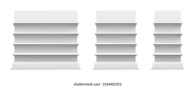 Realistic 3d White Store Shelf Display Mockup Sizes. Trade Stands For Shops And Supermarket. Empty Magazine Showcase Front View  Set. Blank Product Advertising For Bookshop Or Grocery Store