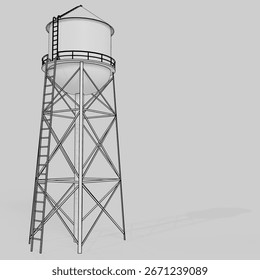 Realistic 3D wireframe render of a classic elevated water tower structure featuring a cylindrical tank with a conical roof, supported by a lattice-style steel framework. Made with Blender software.