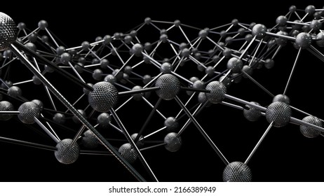 Realistic Abstract 3D Illustration Of The Silver Metallic Carbon Fiber Wireframe Plexus Pattern Against Black