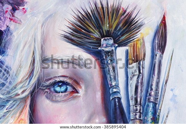 女の子の美しい半面を 画家の筆でリアルに描いたアクリル画 女性の明るい青の目と金髪の表情 のイラスト素材