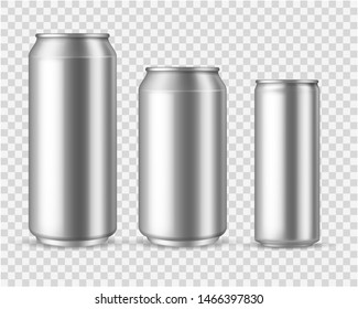 Realistic Aluminum Cans. Blank Metallic Can Drink Beer Soda Water Juice Packaging 300 330 500 Empty Mock Up Aluminium Container Template