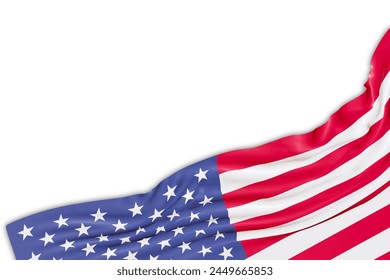 Realistic American, USA flag with folds, isolated on white background. Footer, corner design element. Perfect for patriotic themes, Independence Day designs, or national event. 3D Illustration - Powered by Shutterstock