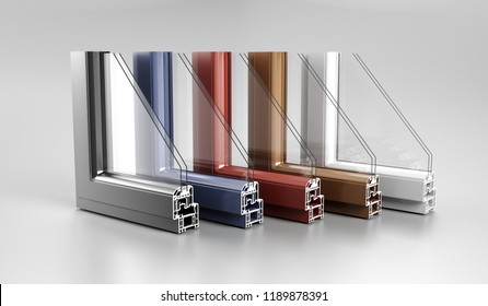 Realistic Angle Cut Off Modern PVC Aluminium Metal Home Window High Quality Different Colored Profiles With Two Glasses Economy Energy Efficient Concept On White Background 3D Rendering  Illustration