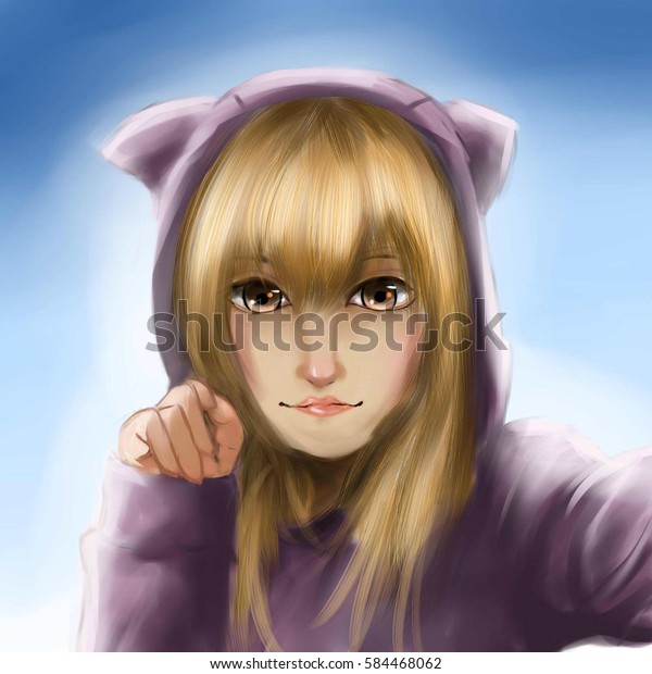 Realistic Anime Girl Cute Animal Hoodie Stock Illustration 584468062