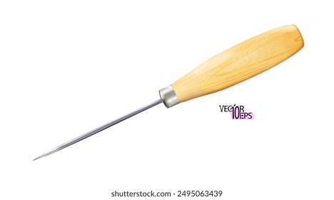 Realistic awl carpenter or shoemaker with wooden handle isolated on a white background. Sharp metal Tool for construction and craft. illustration  - Powered by Shutterstock