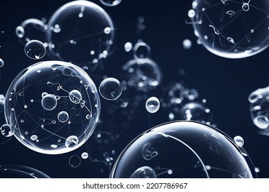 Realistic Background With Navy Blue Clear Balls And Reflection Effect. Geometric Shapes Of Balls, On A Blurred Background.cosmetic Lab Science Product.soap Liquid Molecular Texture.abstract Design.