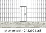 Realistic background prison iron interior. Gray door jail cells bars modern. Banner  detailed illustration metal lattice. Detention centre metallic. Isolated way, freedom concept grid, jail.