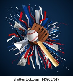 realistic ball, glove, bat for sports baseball, abstract blue red white background
