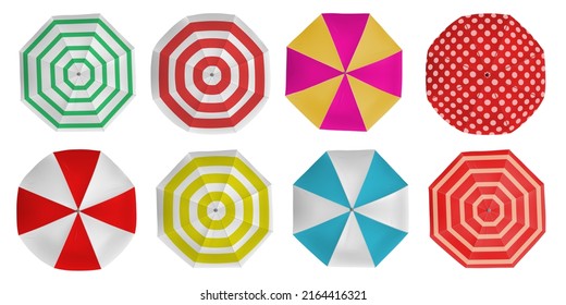 Realistic Beach Umbrella Colorful Designs Top View. Sun Parasols Above With Dots And Stripes. Summer Pool Umbrellas For Shadow  Set. Protection From Sunlight On Resort Coast, Isolated Items