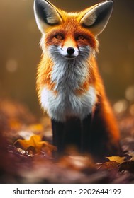 Realistic Beautiful Fox In Autumn Forest Hand Draw Style Raster Illustration 