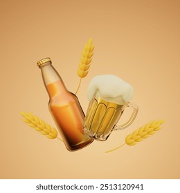 Realistic beer bottle with a mug of foamy beer and ears of wheat. Set for advertising organic beer, design of a leaflet, sign, menu. 3D rendering on a light background. - Powered by Shutterstock