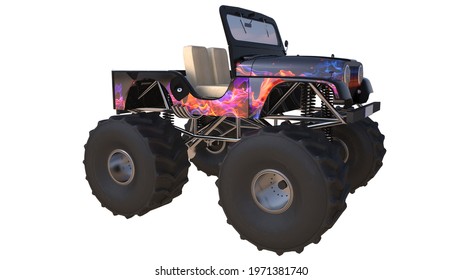 Realistic Big Car Isolated White Background Monster Truck Side View.3d Rendering.