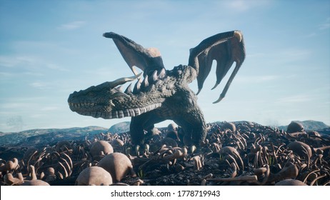 Realistic big dragon lands on scattered human bones. 3D Rendering