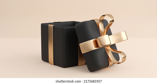 Realistic Black Open Gift Box With Golden Ribbon Bow. Concept Of Abstract Holiday, Birthday Or Wedding Present Or Surprise. 3d High Quality Isolated Render