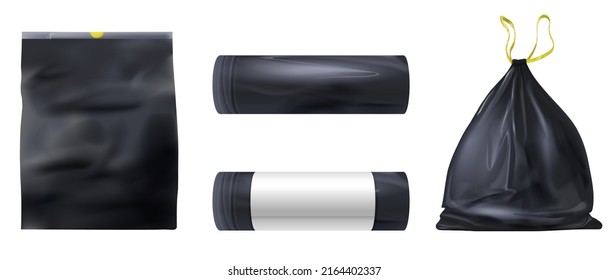 Realistic Black Plastic Garbage Bags Full Of Trash And Empty. Waste Bag Roll With Paper Label Mockup. Trash Kitchen Sack With Tie  Set. Illustration Of Trashbag And Garbage Pack