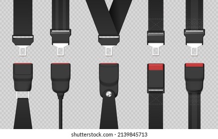 Realistic Black Unfastened Safety Seat Belt Designs. Unlocked Vehicle, Car Or Airplane Passenger Seatbelt With Buckles. 3d Belts  Set. Safety Belt And Strap For Seat Protection Illustration