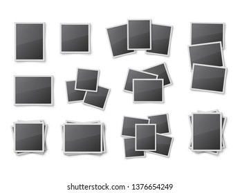 Realistic blank snapshot frames set. Pile of photo frames isolated on white. Mockup artwork or picture art gallery design. Frameworks collection on memory wall. Interior decoration  element