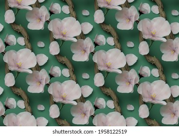 realistic blossoms on branch 3D seamless repeat pattern 3D illustration on green background