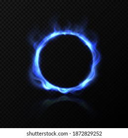 Realistic Blue Fire Circle. Ring Of Blue Fire With Shiny Flame Effect.  Effect Burning Round Hoop On Black Transparent Background