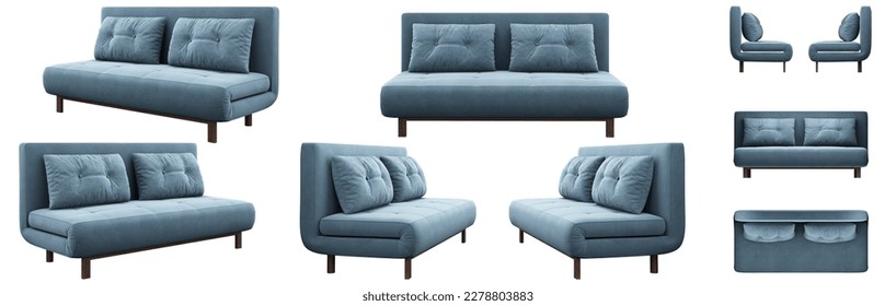 Realistic blue small double sofa bed from different angles. Upholstery matting chenille. Sofa projections for design, collage, banner. Doris