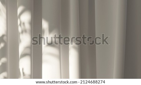Realistic blurred 3D render close-up of linen drapery beige curtains with morning sunlight show beautiful leaves shadow. Background, Abstract, Morning, Mock up, Mockup, Soft, Home concept, Backdrop