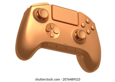 Realistic bronze video game joystick on white background. 3D rendering of streaming gear for cloud gaming or concept of champion and winner awards