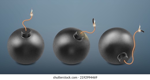 Realistic burning explosive bombs, 3d retro spheric bomb. Military explosive weapon, retro explosive dynamite bomb  illustration set. Black sphere bombs, burning bomb
