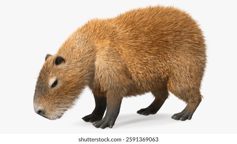 Realistic capybara captured in a dynamic walking pose showcasing detailed fur and anatomy.