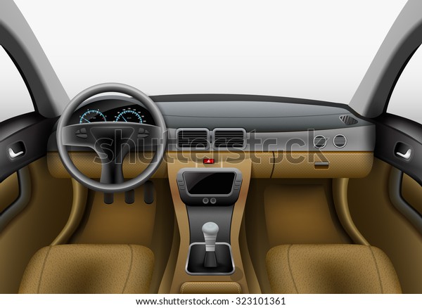 Realistic car interior with light chairs and\
grey dashboard \
illustration