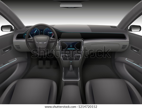 Realistic car interior with rudder,
dashboard front panel and auto windshield
illustration