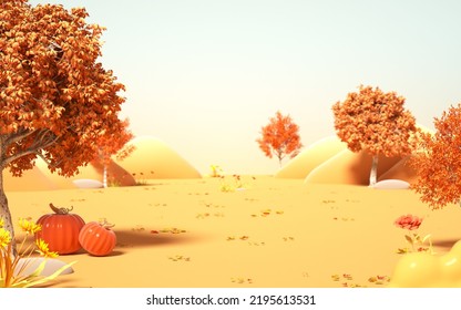 Realistic Cartoon Look Summer Background. 3d Rendering Autumn Leaves Background