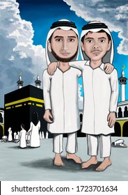 Realistic Cartoon Two Muslim Friends During Pilgrimage Of The Hajj In Kaaba In Mecca With Black Stone On The Background.