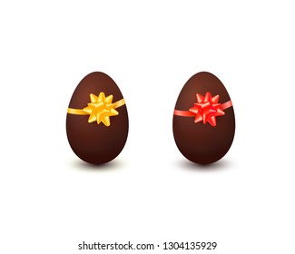 Realistic chocolate easter eggs with lush bow and ribbon