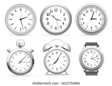 Realistic clocks. Wall round clock, alarm and wristwatches. Stopwatch timer, time watch or analog am pm chronometer, clocks face. Isolated  3D illustration icons set