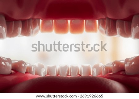 Realistic close-up rendering of human teeth and gums inside an open mouth, glossy enamel texture, soft bokeh background, concept of oral hygiene. 3D Rendering