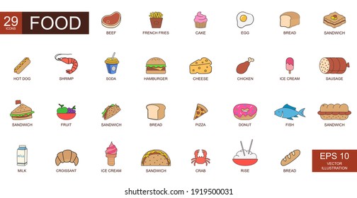 Realistic Colored Miscellaneous Food Web Icons. Outline Icons Collection - Illustration