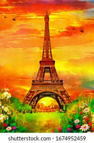 realistic colorful oil painting of Eiffel tower in Paris. artist collection of city painting. decoration and interior, canvas art. sunset