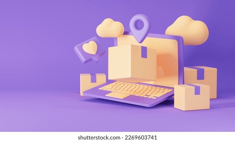 Realistic computer laptop 3D . Concept of online shopping on social media , promotion of digital stores, web and ad  on isolated on minimal background . 3d Rendering
