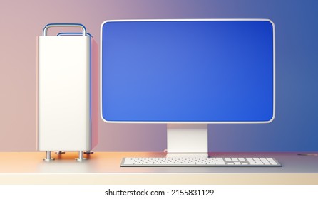 Realistic Computer Model. Computer With Blue Screen. Monitor Model For Software Demonstration. System Block On Table. Visualization Modern Display. Computer Software Advertising. 3d Rendering.