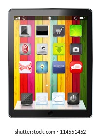 realistic computer tablet with app icon on colorful wooden background.