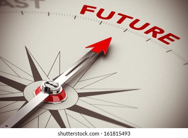 Realistic Conceptual 3D Render Image With Depth Of Field Blur Effect. Compass With The Needle Pointing The Word Future, Paper Background. Concept For Business Vision Or Perspective Solutions.