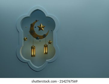 Realistic Crescent Moon And Hanging Lantern Night Theme Image, 3d Eid Mubarak Background. Islamic Post For Instagram.