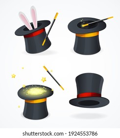 Realistic Detailed 3d Black Magic Hat Set For Showing Trick. Illustration Of Magical Cap Or Cylinder