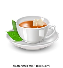Realistic Detailed 3d Black Teabag And White Tea Cup Ad For Menu Cafe. Illustration Of Breakfast Hot Beverage