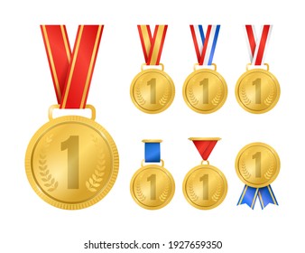 Realistic Detailed 3d Champion Gold Medals Set Symbol of Winner, Champion and Success. illustration of Golden Medal