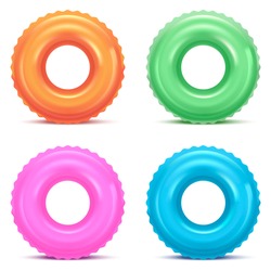 Realistic Detailed 3d Color Inflatable Swim Rings Set For Safety Swimming And Rescue In Water. Illustration Of Lifebuoy