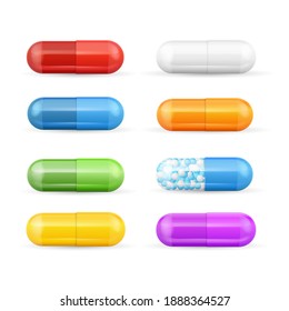 Realistic Detailed 3d Color Pills And Vitamins Set Pharmaceutical Dose. Illustration Of Colorful Pill And Vitamin