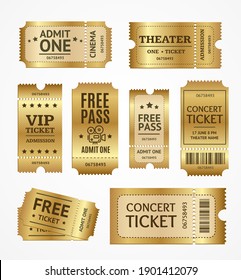 Realistic Detailed 3d Golden Tickets Set Concept Free Admission Entertainment, Show, Performance And Theatre. Illustration Of Ticket